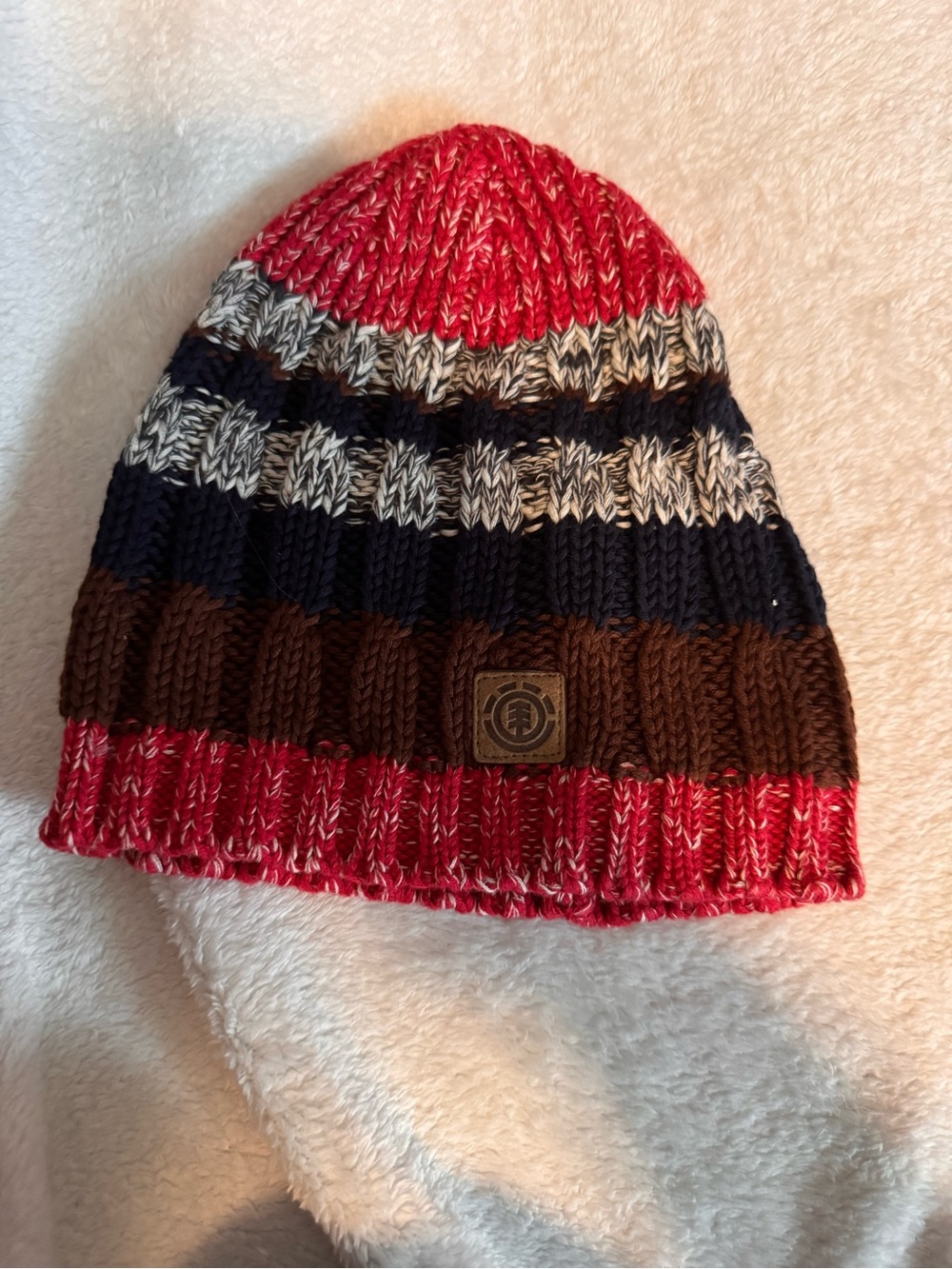 Men’s Striped Knit Beanie Hat - Red, Navy & Brown. Element.